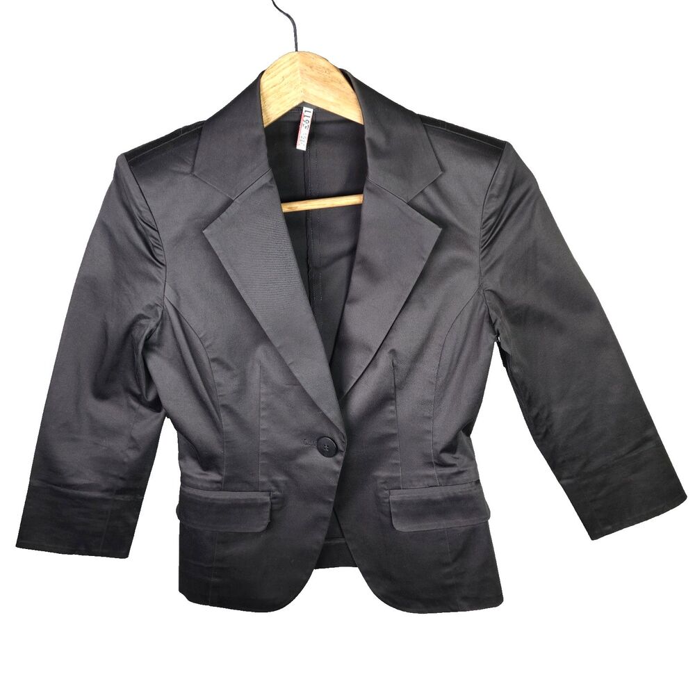 Klein D'Oeil Blazer Jacket Womens PXS Black Cropped Slim Fit Crisp Faux Pockets